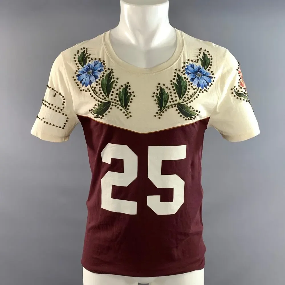 GUCCI Size XS Beige Burgundy Studded Cotton Crew Neck T shirt